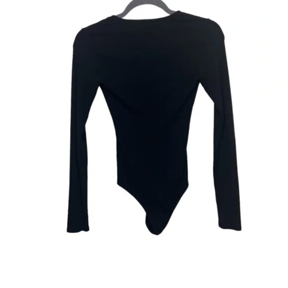 Reformation Indie Long Sleeve Bodysuit XL Ribbed Black Minimalist Tencel Fitted - Picture 6 of 9